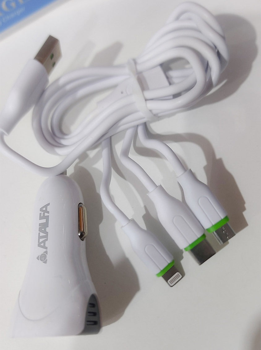 100% Original Atalfa Fast Car Charger | Dual USB with 3-in-1 Cable