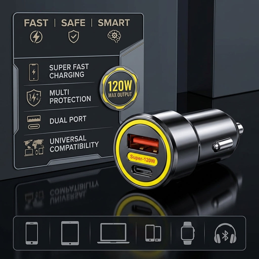 High-Quality 120W Dual Port Car Charger | USB-A & Type-C Adapter