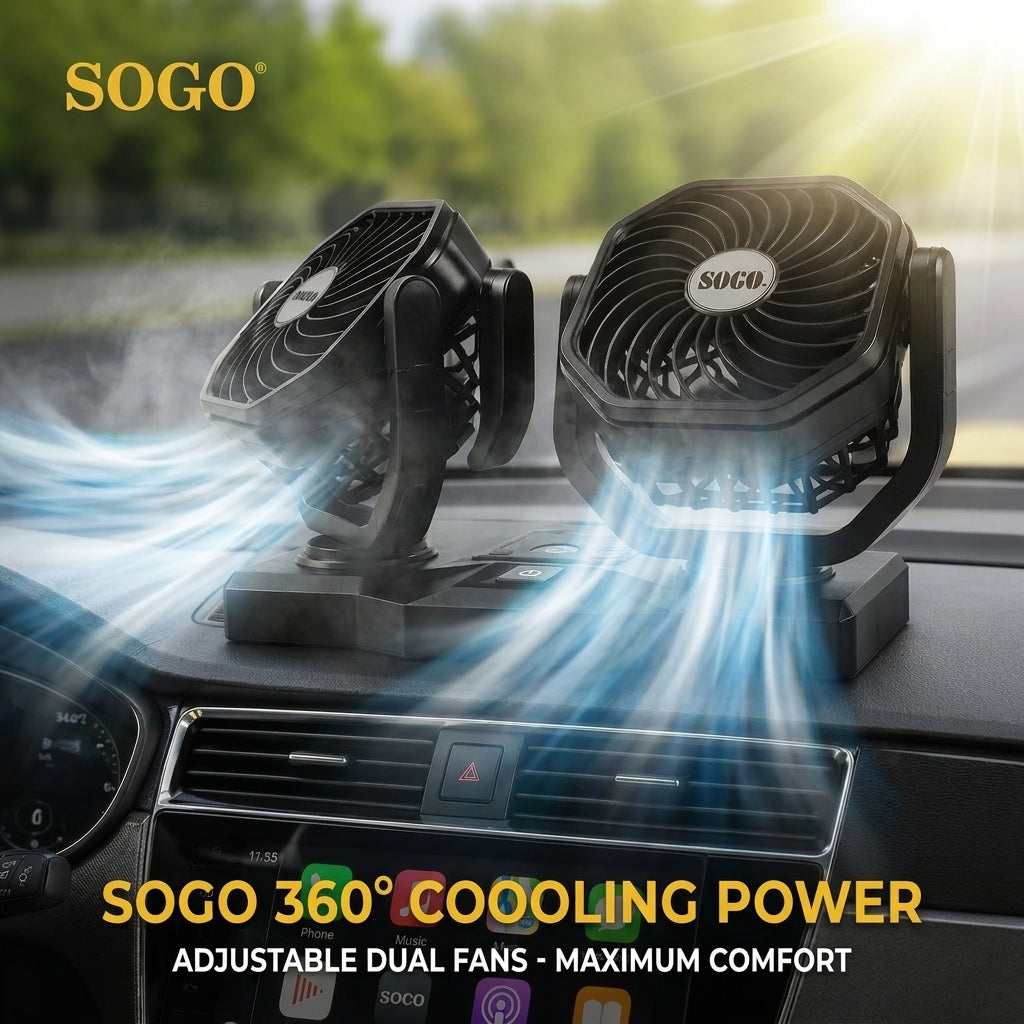 Original Sogo Dual Fan 360° Rotation – Quiet & Low Power Car Fan