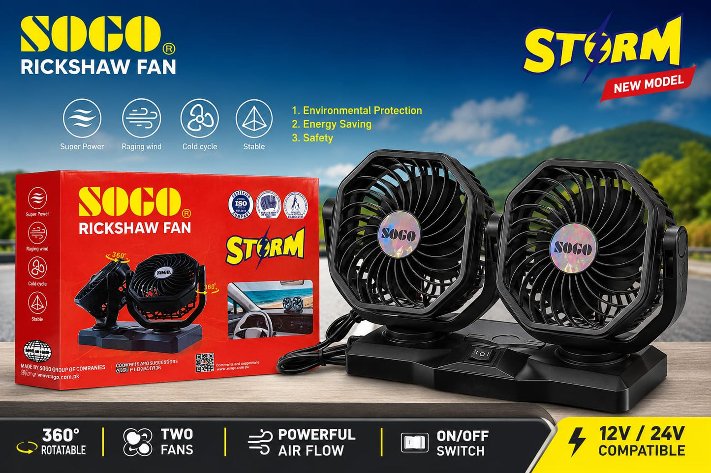 Original Sogo Dual Fan 360° Rotation – Quiet & Low Power Car Fan