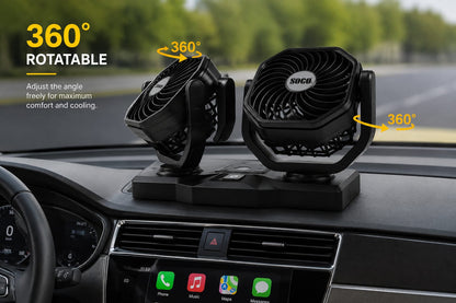 Original Sogo Dual Fan 360° Rotation – Quiet & Low Power Car Fan