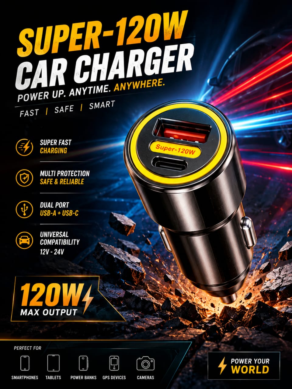 High-Quality 120W Dual Port Car Charger | USB-A & Type-C Adapter
