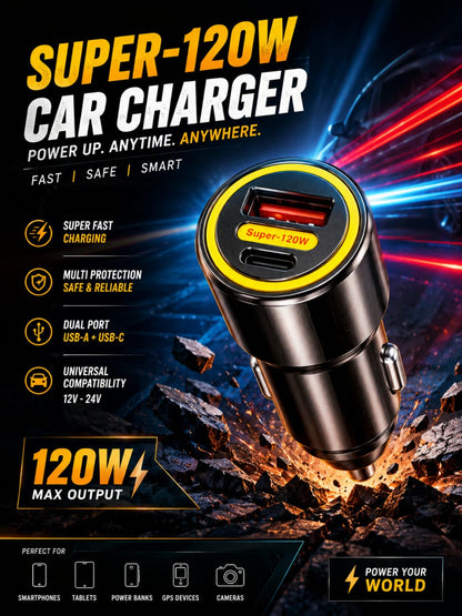 High-Quality 120W Dual Port Car Charger | USB-A & Type-C Adapter