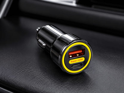 High-Quality 120W Dual Port Car Charger | USB-A & Type-C Adapter