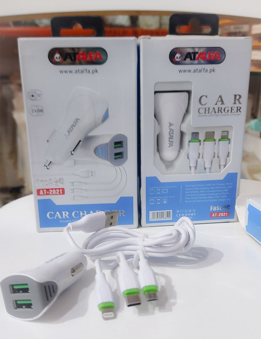 100% Original Atalfa Fast Car Charger | Dual USB with 3-in-1 Cable